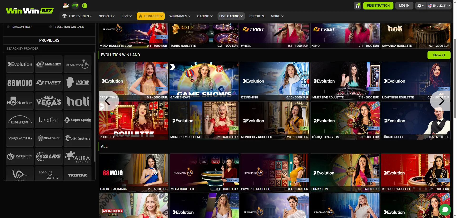 Casino en direct WinWin Bet — tables avec croupiers en temps réel